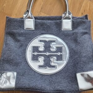 Tory Burch Charcoal Gray Felt Tote with Silver Logo Accents